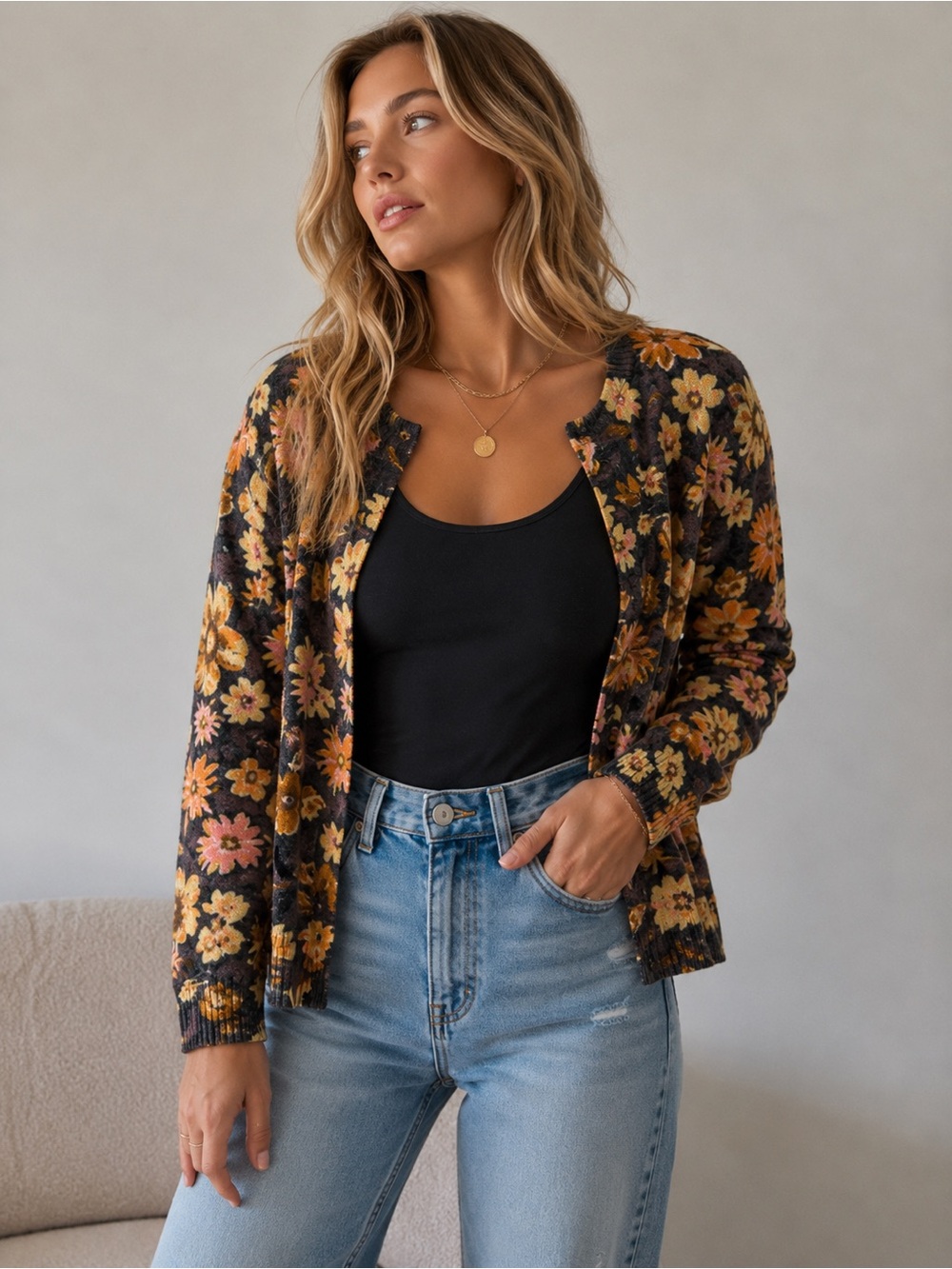 Pearl Button Fuzzy Floral Cardigan • Retro Bloom • Soft Knit cozy fall small
